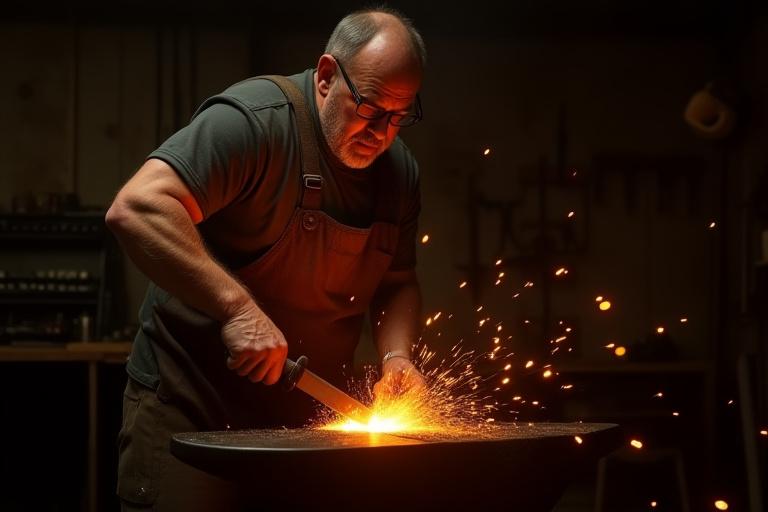 Charles L Dunlap hammering a piece of glowing hot steel on an anvil, sparks flying.