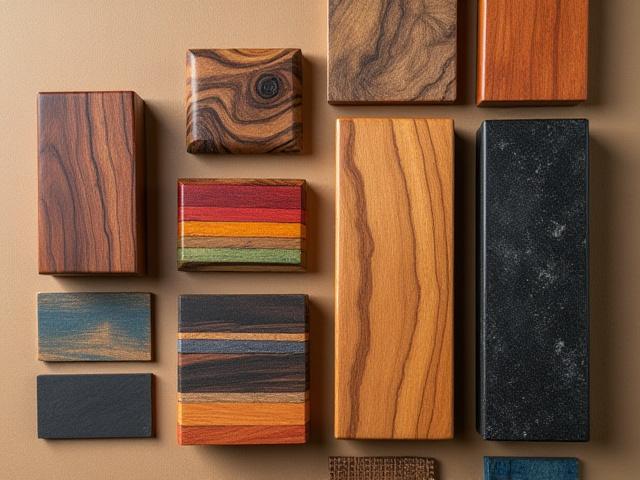 A neat display of various handle materials like exotic wood blocks, G10 sheets, and Micarta.