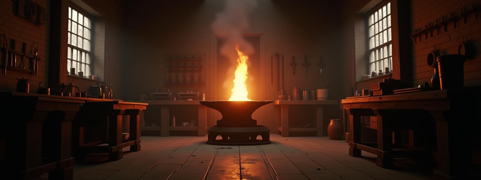Wide, atmospheric shot of the Charles L Dunlap bladesmith workshop with a glowing forge and tools