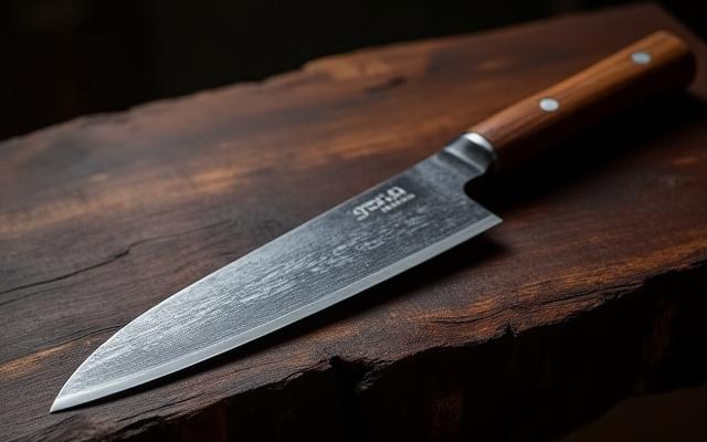 Custom Gyuto knife with a dark, forced patina on a cutting board.