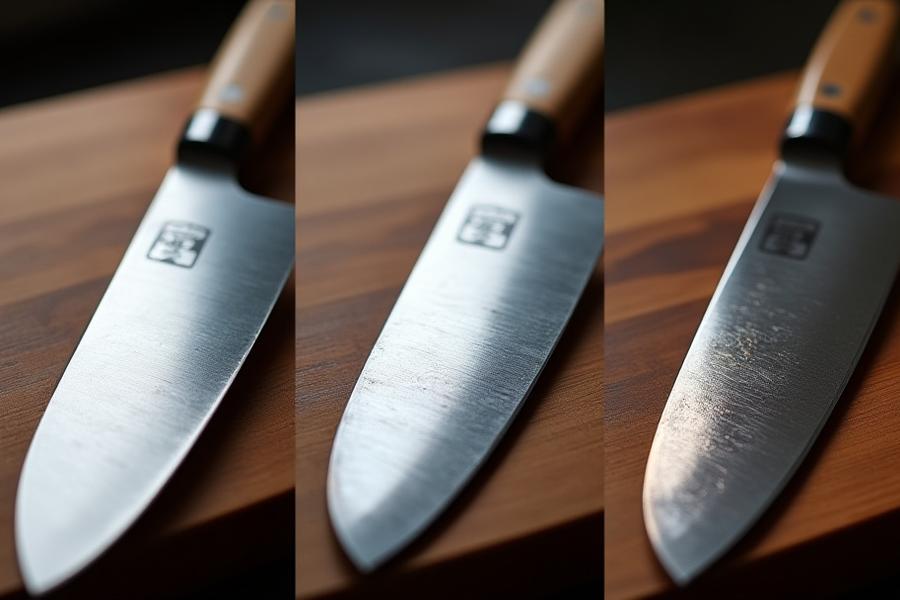 Triptych showing a new carbon steel blade, one with a light blue-grey patina, and one with a rich dark, well-used patina.