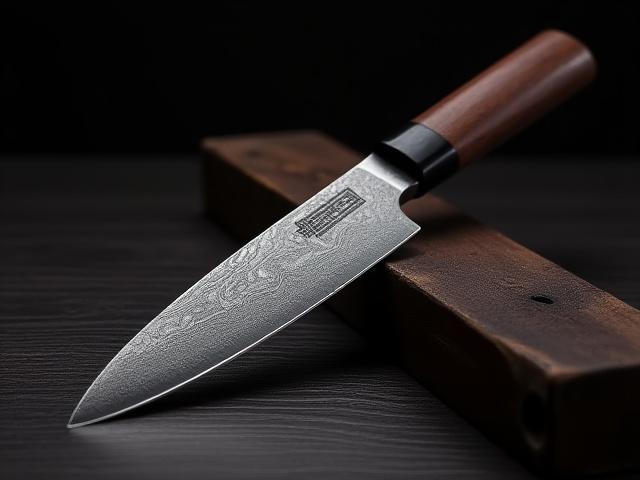 A stunning 10-inch Damascus Gyuto knife with a swirling pattern on the blade and a rich African Blackwood handle.