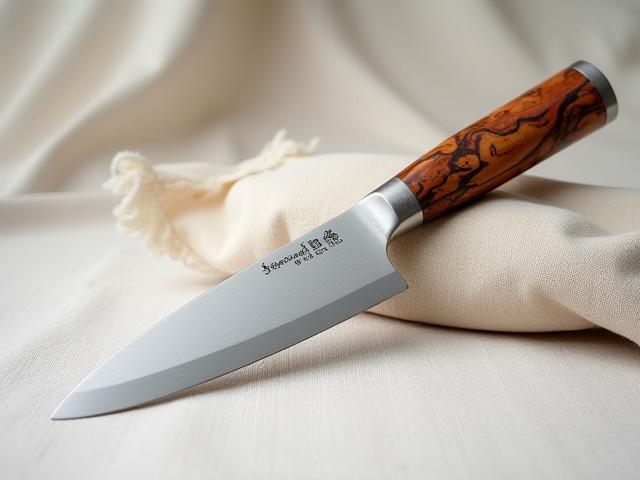 A modern 9-inch K-tip Gyuto knife featuring a sleek, sharp point and a handle crafted from unique stabilized Buckeye Burl wood.