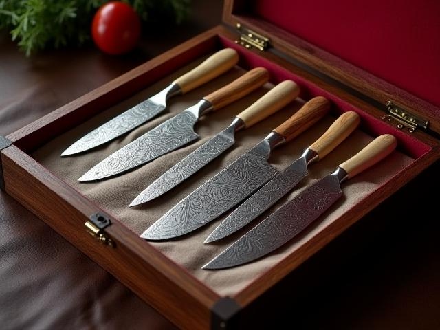 Set of six Damascus steel steak knives in a presentation box