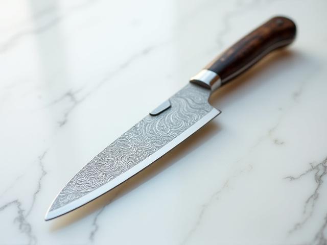 Classic Western-style chef's knife with a dynamic 'feather' Damascus pattern and a contoured handle made from dark polished horn.