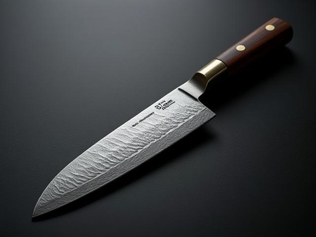 Close-up of a meticulously crafted Gyuto knife with a tight, wavy 'random' Damascus pattern and a dark, polished wood handle with brass accents.