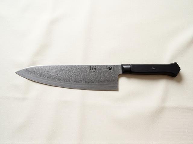 Japanese Nakiri knife with a subtle 'W' pattern Damascus and a minimalist octagonal ebony handle.