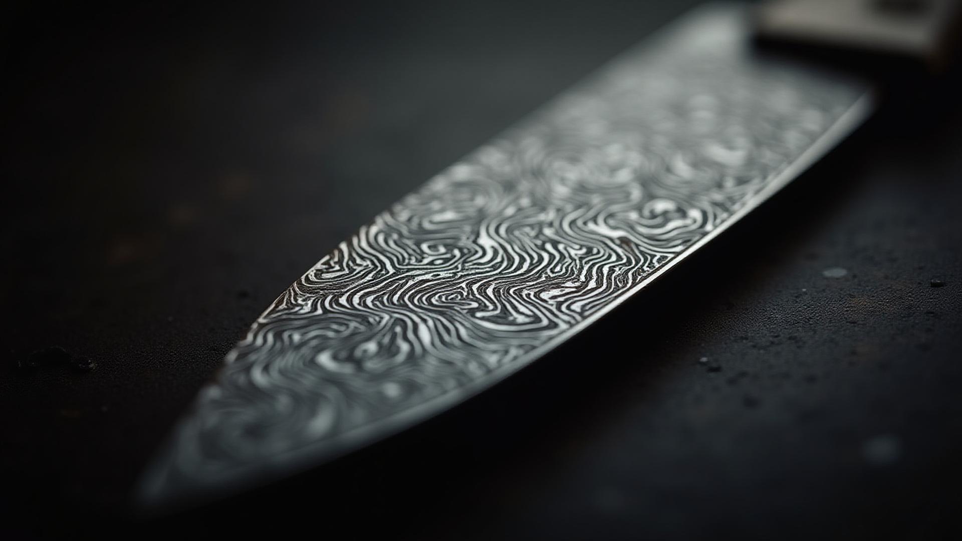 Close-up of a intricate W-pattern Damascus steel blade, wet with oil to enhance pattern visibility