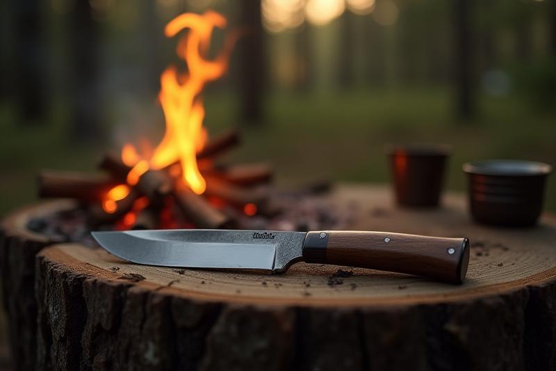 Hunting knife resting on a camp table next to a fire, portraying its role in outdoor living