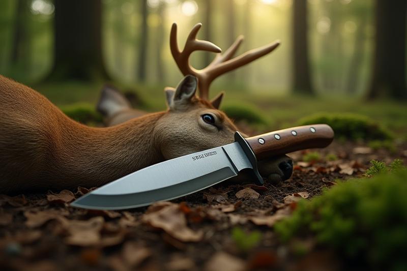 Hunting knife next to a harvested deer in a wilderness setting, showcasing its field capability