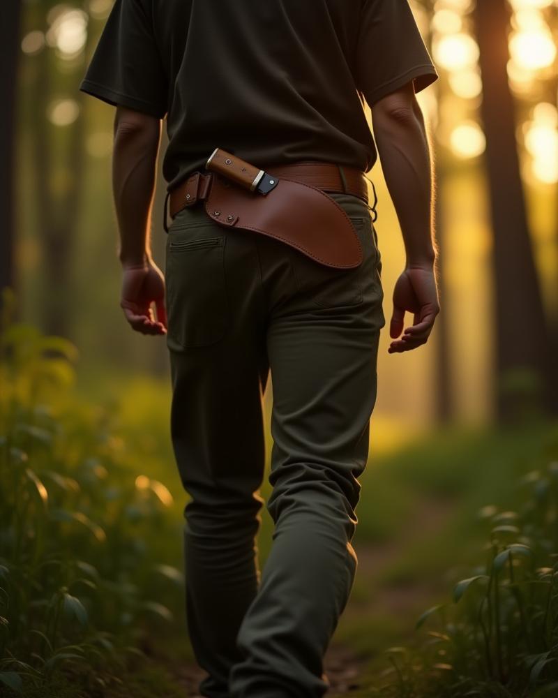 Hunting knife in a leather sheath attached to a belt, in a forest environment, ready for adventure