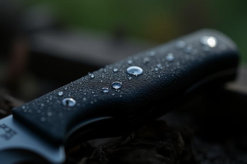 Close-up of a Micarta knife handle covered in morning dew, highlighting durability and texture