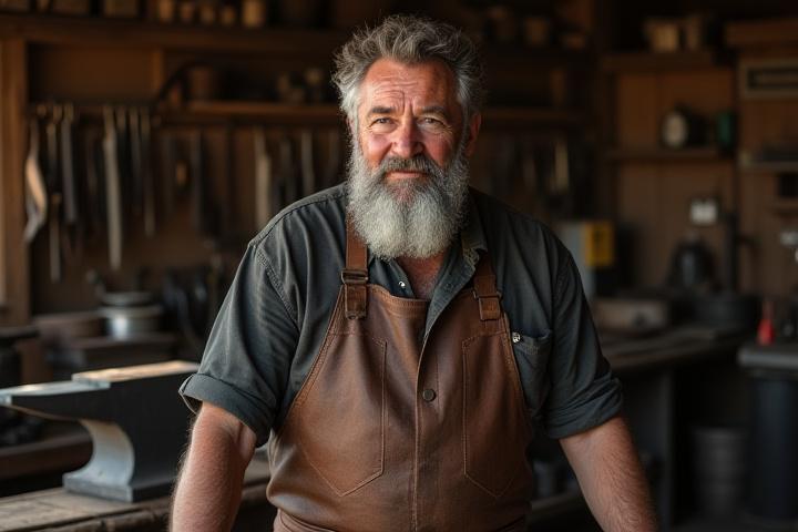 Portrait of Charles L Dunlap, master bladesmith, in his workshop, focused and with his hands on a workbench.