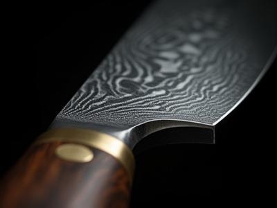 Close-up of a Damascus steel chef knife blade with a swirling pattern