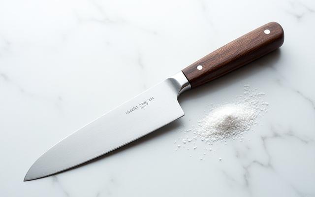 A Japanese-style Santoku knife with a dark walnut handle, kitchen scene