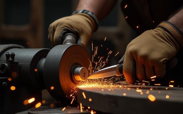 A bladesmith's hands meticulously grinding a knife blade in a workshop, sparks flying
