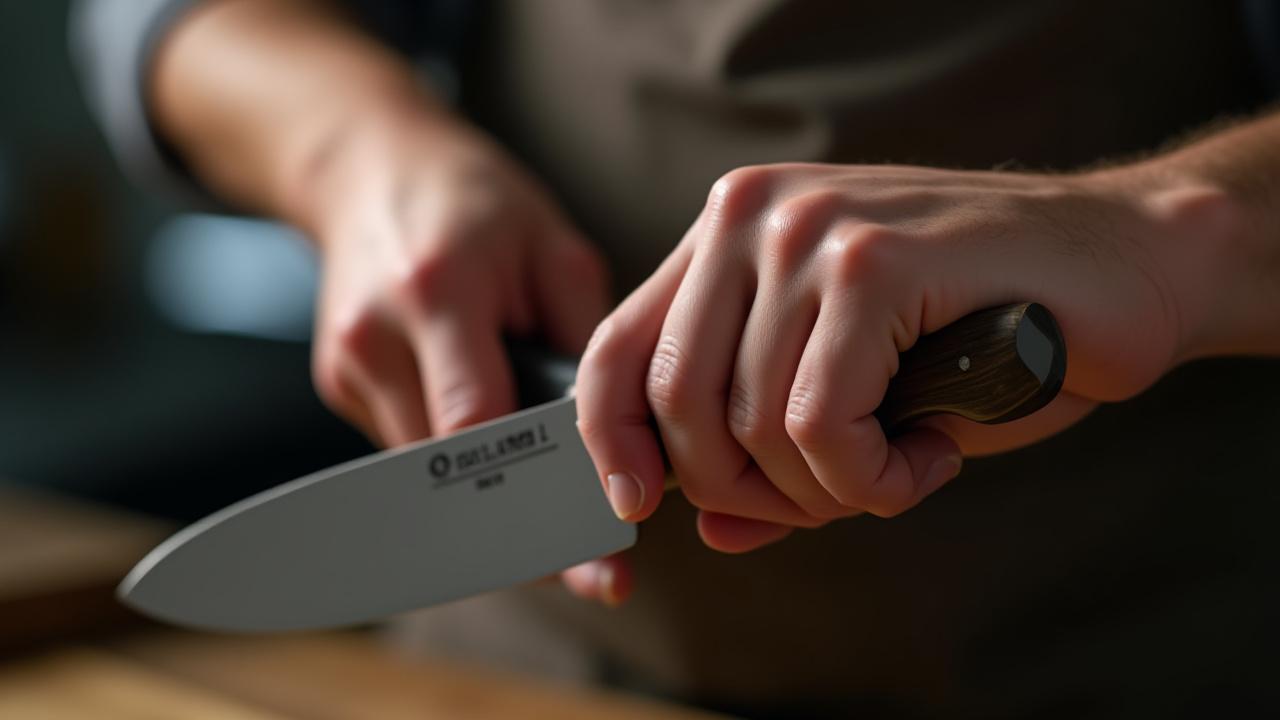 Close-up of a hand holding a Charles L Dunlap knife in a perfect pinch grip, showcasing the ergonomic handle and balance point
