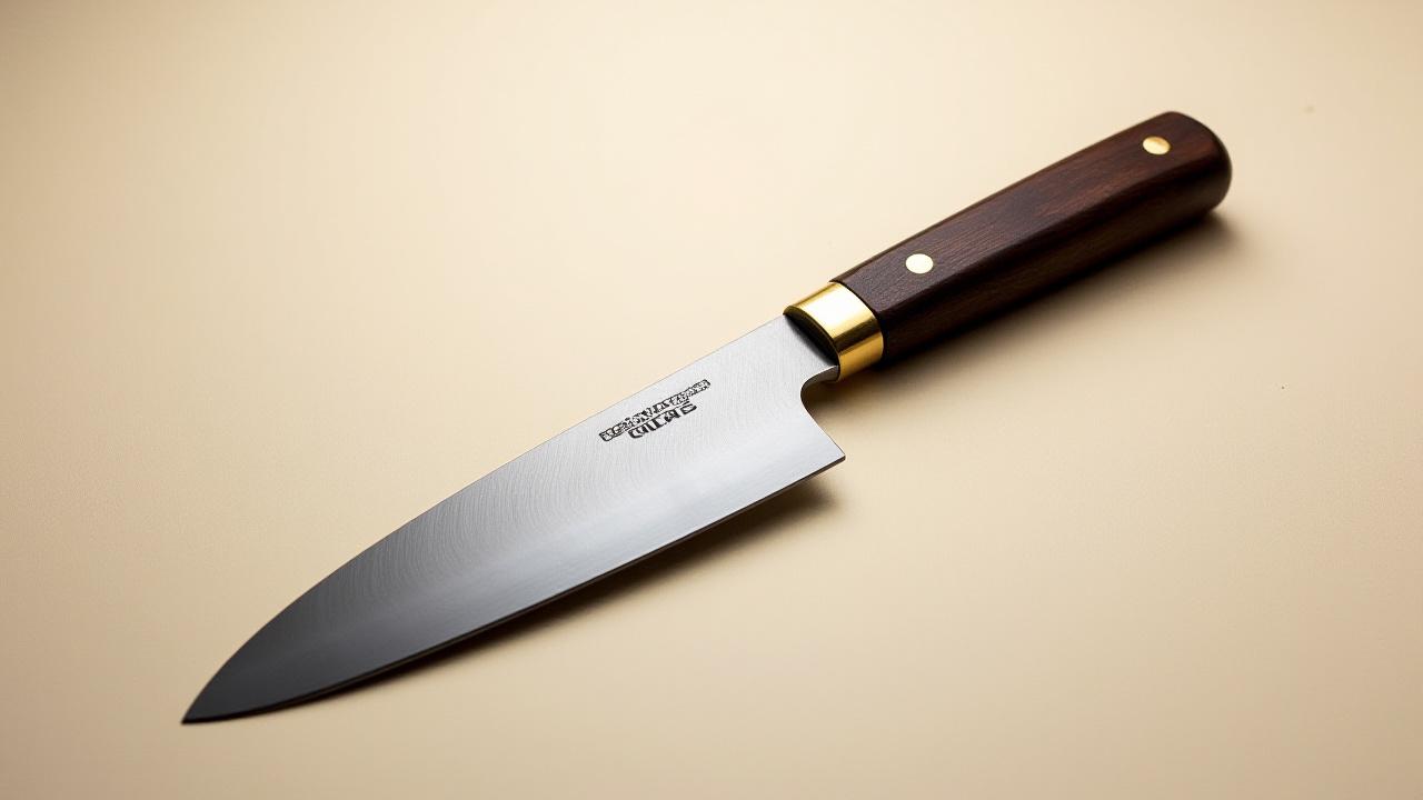 Clean profile shot of a classic Charles L Dunlap Gyuto knife with a dark handle