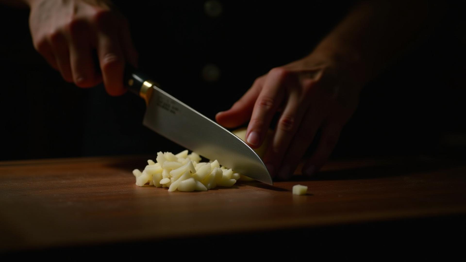 Chef's hands expertly dicing an onion with a Charles L Dunlap Gyuto knife, showcasing blur of motion