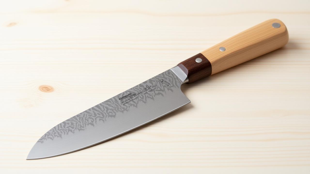 Profile shot of a Charles L Dunlap Santoku knife, highlighting its distinctive sheepsfoot blade shape and Granton edge