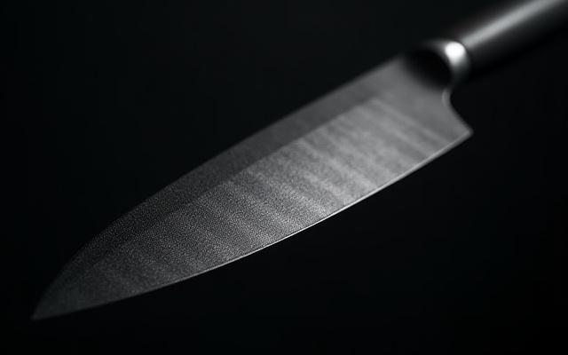 Close-up of a kitchen knife blade with a deep black DLC coating