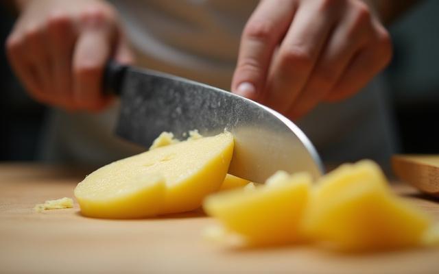 Chef slicing bread with a non-stick coated knife, showing no adhesion
