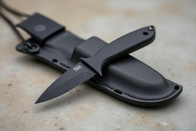 Neck knife in its minimalist Kydex sheath, designed for discreet carry.