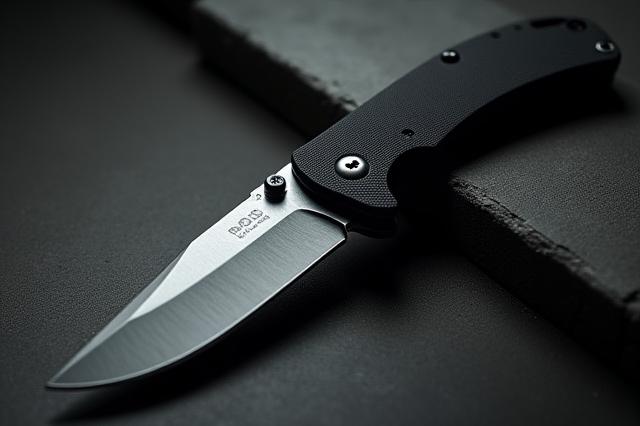 Larger tactical folding knife with a stonewashed blade, dark handle, and robust construction.